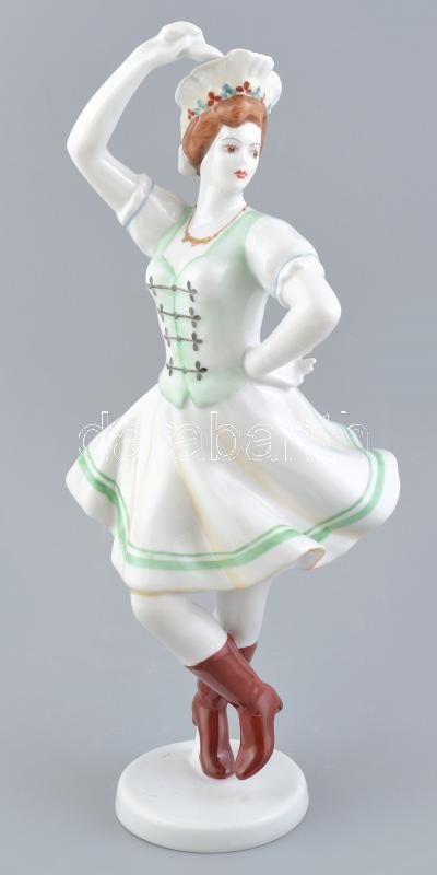 Hollóházi népviseletes táncos lány, kézzel festett, jelzett, kopott, m:29 cm