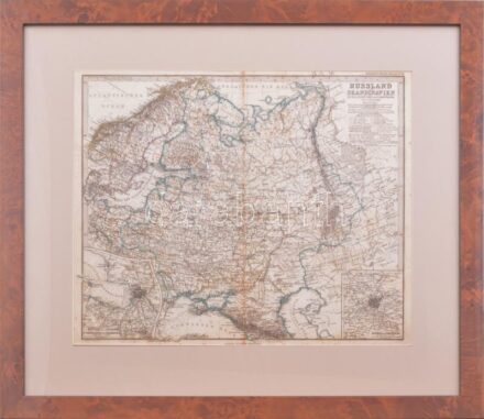 cca 1880 Oroszország és Skandinávia (Russland und Skandinavien), térkép a Stieler-féle iskolai atlaszból, Gotha: Justus Perthes kiadása, 1: 10.000.000, 33x40 cm. Dekoratív üvegezett fakeretben, lap kissé foltos. / cca 1880 Map of Russia