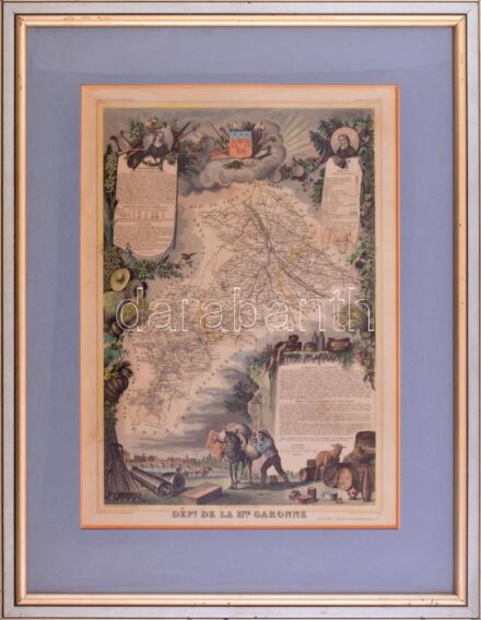 cca 1850 Départment du Garonne (Franciaország) térképe, Atlas National Illustre, 42x28 cm. Dekoratív üvegezett fakeretben, néhány apró folttal. / cca 1850 Map of Départment du Garonne (France), Atlas National Illustre, framed, few small