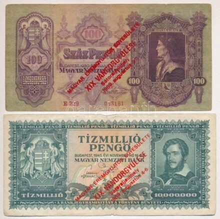 1930. 100P + 1946. 10.000.000P mindkettő 'Magyar Éremgyűjtők Egyesülete XIX. Vándorgyűlése Sátoraljaújhely 1989. augusztus 4-6.' felülbélyegzéssel T:III