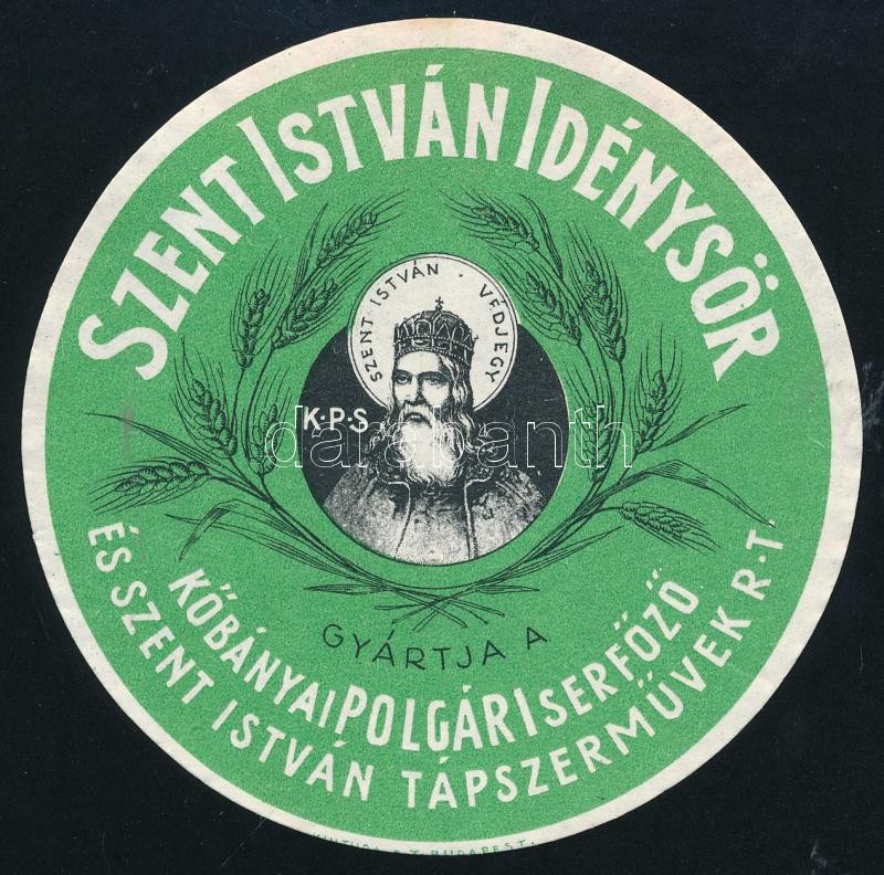 cca 1930 Szent István Idénysör italcímke, Kőbányai Polgári Serfőző és Szent István Tápszerművek Rt., d: 10 cm
