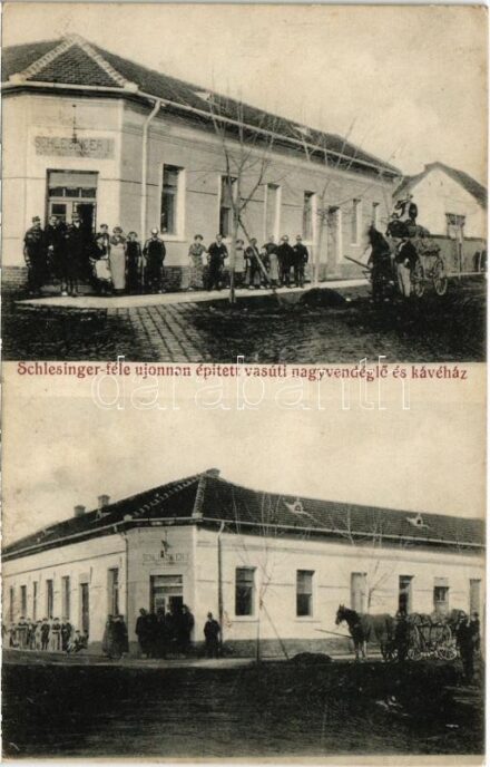 Ismeretlen település, Schlesinger I. újonnan épített vasúti nagy vendéglője és kávéháza, lovaskocsik