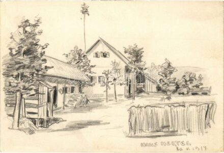 1917 Kézzel rajzolt katonai művészlap a levél írójától. Tábori Postai Levelezőlap / WWI Austro-Hungarian K.u.K. military field postcard with hand-drawn art of the sender s: Hans Hertel + 'K.u.K. Infanterieregiment Erzh. Friedrich No. 52.