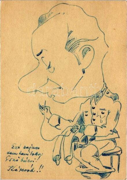 1941 Kézzel rajzolt katonai művészlap a levél írójától / WWII Hungarian military, hand-drawn art postcard of the sender