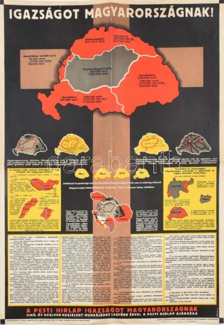 cca 1931 Igazságot Magyarországnak, irredenta propaganda nyomtatvány-plakát, Légrády Testvérek kiadása és nyomása, hajtásnyomokkal, apró sérülésekkel, 58x51 cm