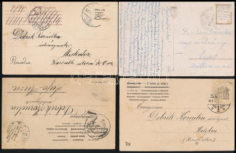 1903-1927 4 db megírt, futott képeslap eltávolított bélyeggel, bélyeg alatti rejtett üzenetekkel