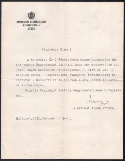 1921 Magyarország Kormányzójának Katonai Irodája a főnök ezredes által aláírt levél