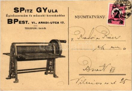 1932 Spitz Gyula építőszerszám és műszaki kereskedése. Kézi mángorló. Budapest VI. Aradi utca 17.