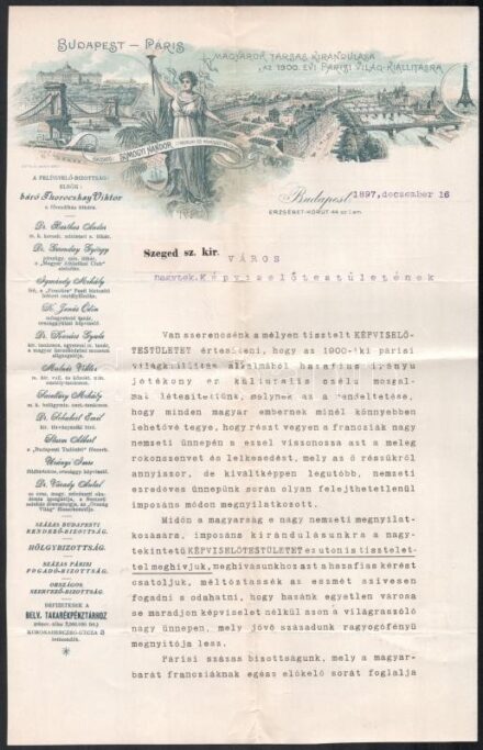 1897 Magyarok társas kirándulása az 1900. évi párizsi világkiállításra Budapest és Párizs litografált látképét tartalmazó meghívó levél