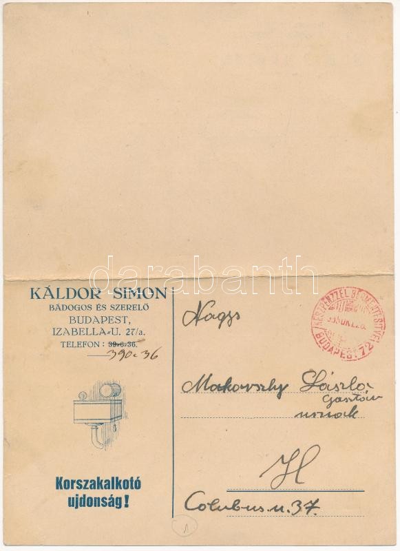 1935 'Liliputi' az önműködő fagymentes WC öblítő víztartály. Káldor Simon bádogos és szerelő kihajtható reklámlapja. Budapest VII. Izabella utca 27/a (EB)
