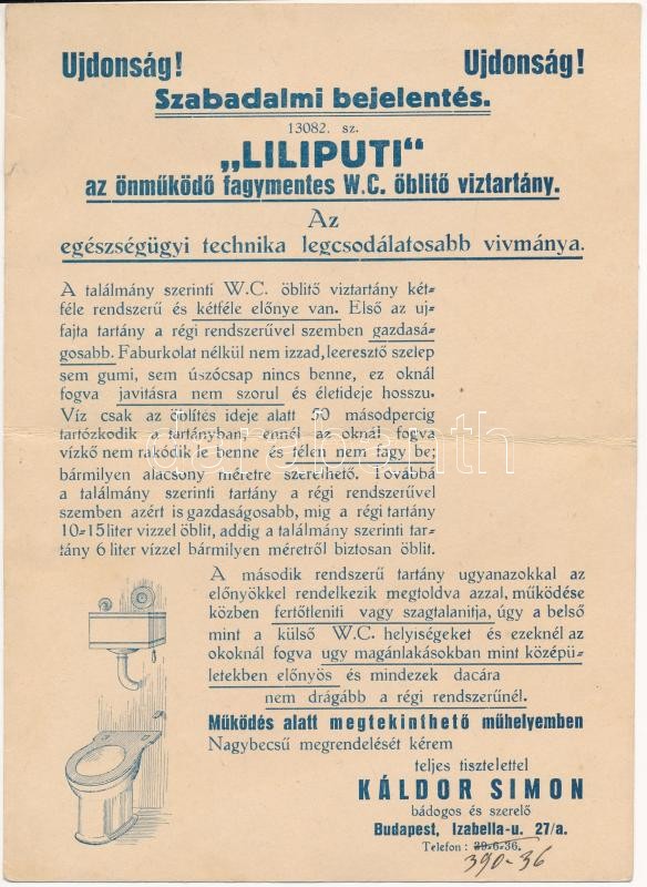 1935 'Liliputi' az önműködő fagymentes WC öblítő víztartály. Káldor Simon bádogos és szerelő kihajtható reklámlapja. Budapest VII. Izabella utca 27/a (EB) - Image 2