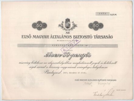 Budapest 1929. 'Első Magyar Általános Biztosító Társaság' névre szóló részvénye 50P-ről, szárazpecséttel, szelvényekkel, bélyegzésekkel, vízjeles papíron T:I-