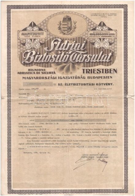 Budapest 1929. 'Adriai Biztosító Társulat' kitöltött biztosítási okmánya bélyegzésekkel T:III nagyobb szakadás a hajtásoknál