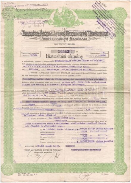 Budapest 1925. 'Triesti Általános Biztosító Társulat' kitöltött biztosítási okmánya bélyegzésekkel T:III