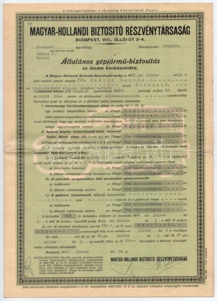 Budapest 1936. 'Magyar-Hollandi Biztosító Részvénytársaság' általános gépjármű-biztosítás T:III