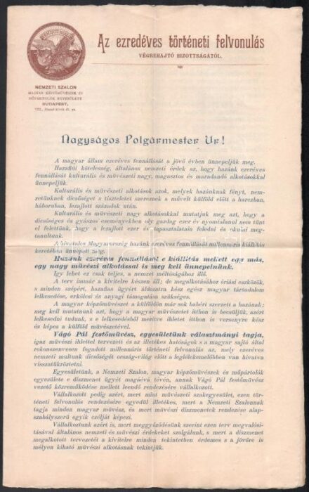 1896 Az Ezredéves történeti felvonulás c. Vágó Pál által tervezett kép leírása. Kétoldalas nyomtatvány