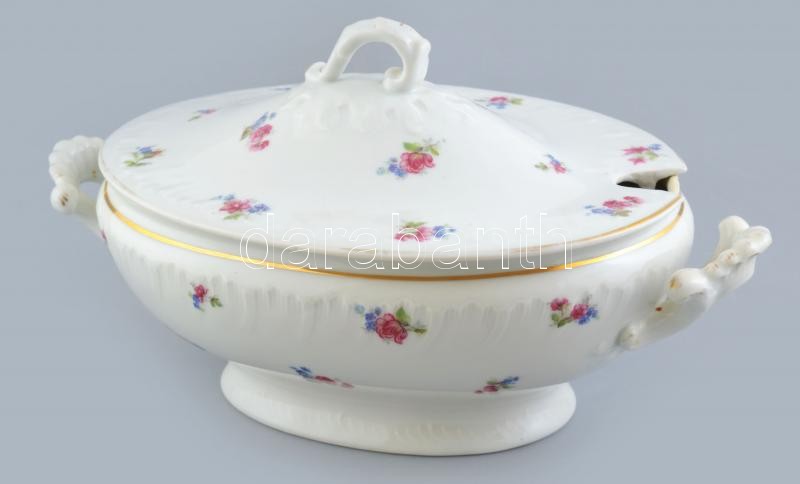 Haas & Czjzek virágmintás porcelán leveses tál. Matricás, jelzett, kopott, d: 34 cm