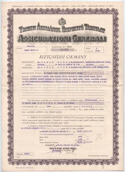 Budapest 1939. 'Triesti Általános Biztosító Társulat' biztosítási okmány bélyegzésekkel, függelékkel, levéllel és borítékkal T:III