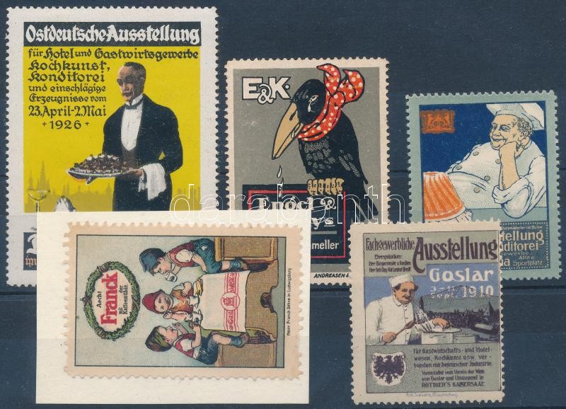 cca 1910 Kis kiállítási levélzáró tétel konyha és evés témájú reklám bélyegekkel