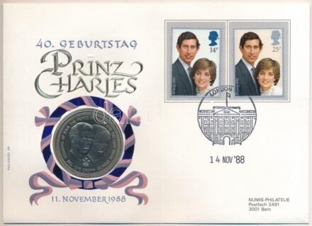 Man-sziget 1981. 1C Cu-Ni 'Királyi esküvő - 2. típus' érmés borítékban bélyeggel, bélyegzéssel, német nyelvű tájékoztatóval T:1 Isle of Man 1981. 1 Crown Cu-Ni 'Royal Wedding - 2nd variety' in coin envelope with stamps and