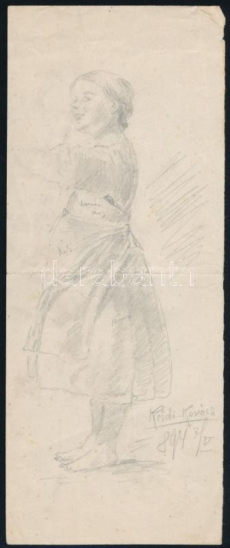 Kézdi Kovács László (1864-1942): Kislány (tanulmányrajz), 1894. Ceruza, papír, jelzett. Szakadással. 21×8,5 cm