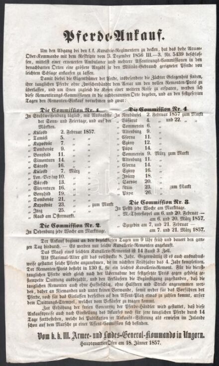 1856 Buda, Lóvásárlás katonai célokra a lóhiány fedezése végett - hirdetmény hajtott 23x38 cm