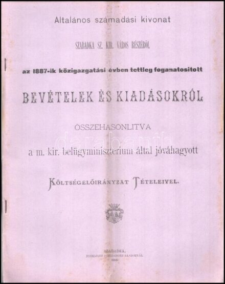 1888 Szabadka város költségvetésének végrehajtása. Kb 100 oldalas nyomtatvány, jó állapotban, hajtva