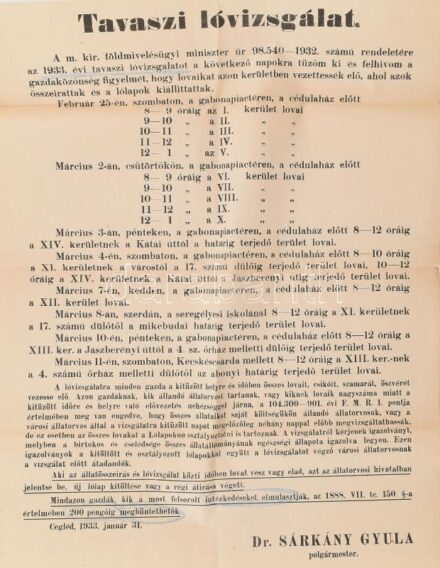 1933 Cegléd lóvizsgálat hirdetménye plakát 32x44 cm