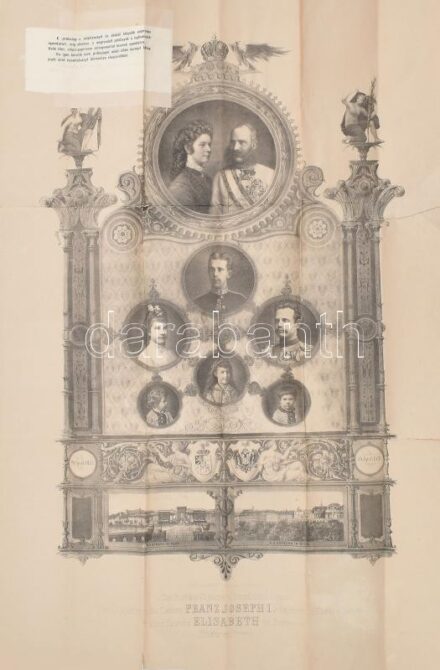 1879 Ferenc József és Erzsébet királyné 25. házassági évfordulója alkalmából készült és a királyi család tagjai mellett Budapest és Bécs látképét bemutató nagy méretű nyomat. Színes kőnyomatú kép mintalapja. címkével,