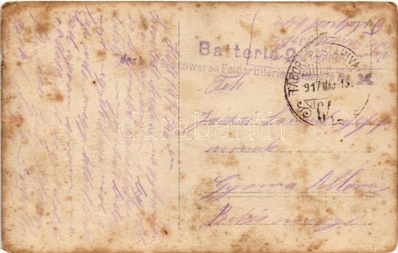 1917 Osztrák-magyar katonák csoportja, tábori konyha / Austro-Hungarian K.u.K. military, group of soldiers, field kitchen. photo + 'Batterie 2. des k.u.k. schweren Feldartillerieregiments No. 34.' (szakadás / tear) - Image 2