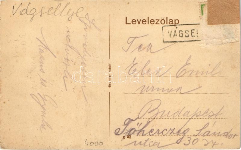 Vágsellye, Schelle, Sala nad Váhom; Fő utca, Vashíd, vonat, Menczel Zsigmond raktára, üzlet, Favágó tűzifa kő telep. Brunner Adolf kiadása / main street, railway bridge, train, shops (vágott / cut) - Image 2