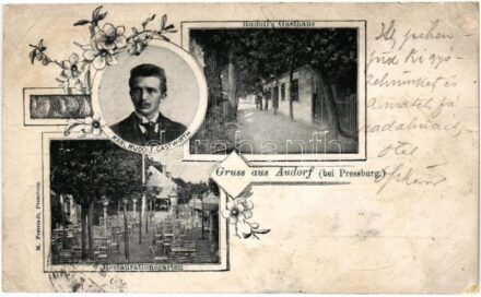 1900 Pozsony, Pressburg, Bratislava; Gruss aus Audorf (bei Pressburg) Karl Rudolf Gastwirth, Rudolf's Gasthaus, Restaurationsgarten / Üdvözlet Pozsonyligetfaluból (Ligetfalva)! Karl Rudolf vendéglője, étterem kertje. M. Freistadt kiadása /