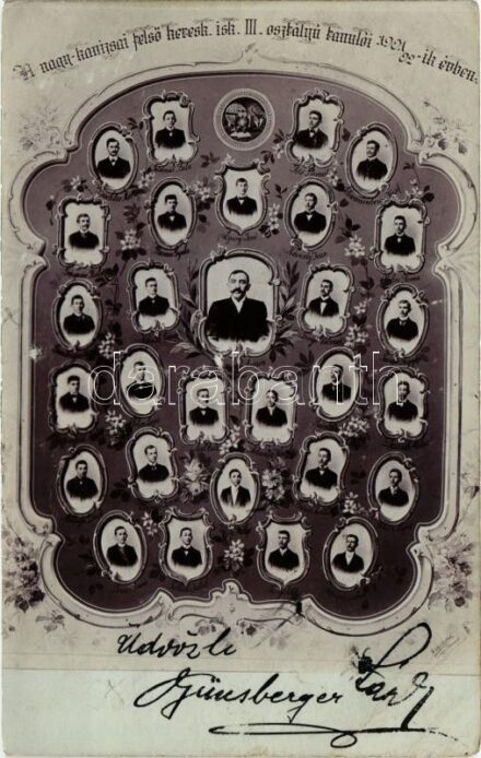 1902 Nagykanizsa, a nagykanizsai felső kereskedelmi iskola III. osztályú tanulói 1901-1902-es évben, tabló. Art Nouveau, floral. Vértes Antal photo (EB)