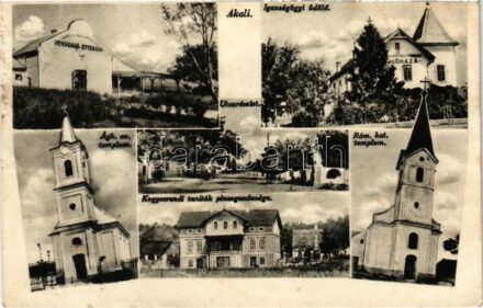 Balatonakali, Akali; Vendéglő, étterem, Igazságügyi üdülő, Evangélikus templom, Római katolikus templom, utca részlet, üzlet, Kegyesrendi tanítók pincegazdasága. Grosz Testvérek kiadása (fa)
