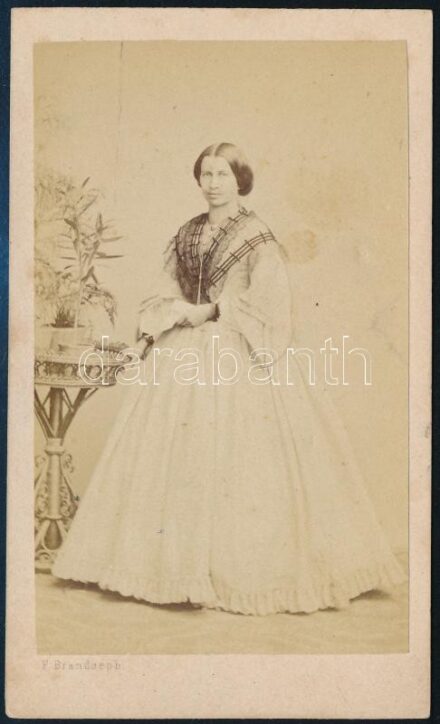 cca 1860-1870 Elegáns hölgy, keményhátú fotó Friedrich Brandseph stuttgarti műterméből, vizitkártya, 10,5x6,5 cm