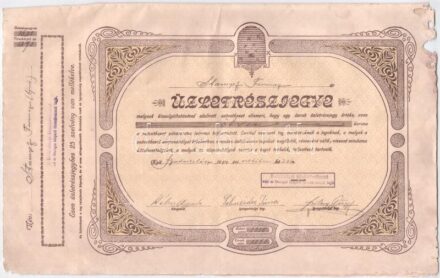 Budakalász 1914. 'Budakalászi hitelszövetkezet' üzletrész-jegy 50K-ról, szelvényekkel T:III papírhiány