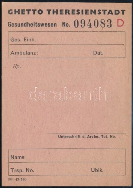 1945 Theresienstadt Getto egészségügyi kártya
