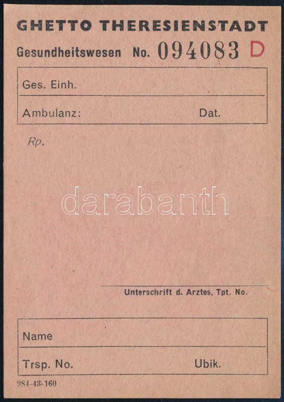 1945 Theresienstadt Getto egészségügyi kártya
