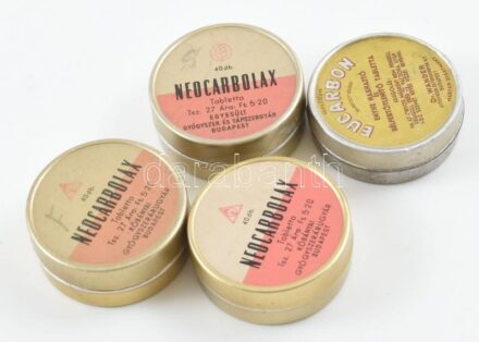 cca 1940-1960 3 db Neocarbolax széntablettás doboz, Kőbányai Gyógyszerárugyár Bp., az egyik tartalommal, Eucarbon hashajtó és bélfertőtlenítő tabletta fémdoboz, Dr. Wander Gyógyszer- és Tápszergyár Rt. Bp.