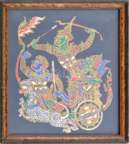 Harcosok, selyemkép, Délkelet-Ázsia (Thaiföld v. Jáva?). XX. sz. Jelzés nélkül. Üvegezett fakeretben. 31x29 cm