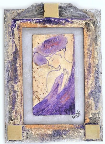 Károlyfi Zsófia (1952-): Hölgy lila lepellel. Vegyes technika, farost, jelzett, hátoldalán autográf felirattal, keretben, 11×6 cm