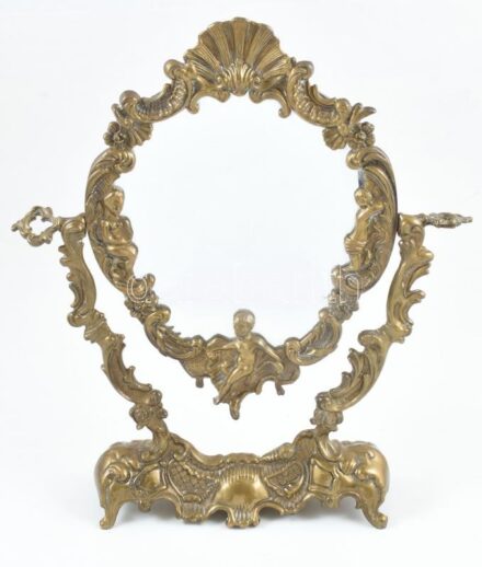 Neobarokk öntött, patinázott bronz tükör, puttókkal, barokk kagylóval díszítve, kopott, m:35cm