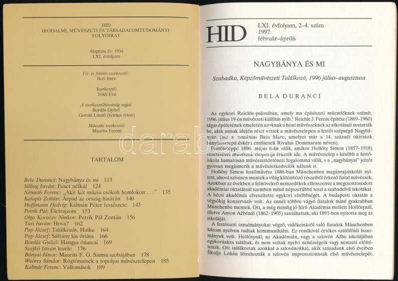 1997 Híd LXI. évf. 2-4. sz. 1997. február-április. Benne érdekes írásokkal, közte: Bela Duranci: Nagybánya és mi. - Image 2