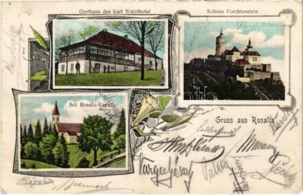 1908 Fraknó, Forchtenstein; vár, Karl Wurzlhofer vendéglője, Rozália kápolna / Schloss, Gasthaus, Rosalia Kapelle / castle, restaurant, chapel. Art Nouveau, floral (EK)