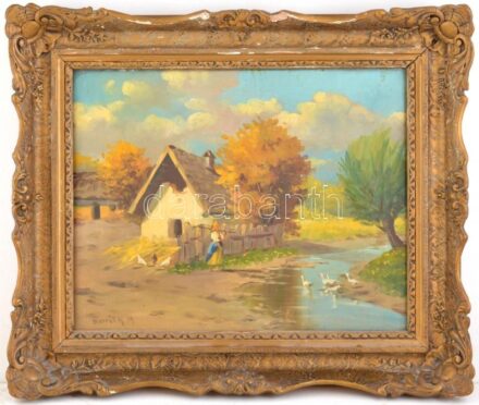 Horváth M jelzéssel: Libapásztorlány. Olaj, vászon. Dekoratív, sérült fakeretben. 34,5x44,5 cm