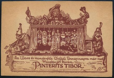 1940 ,,Az Újévre és mindenféle Családi Ünnepnapra már most minden jót kíván Pinterits Tibor! Klisé, papír. 11x16 cm (Újságból kivágott)
