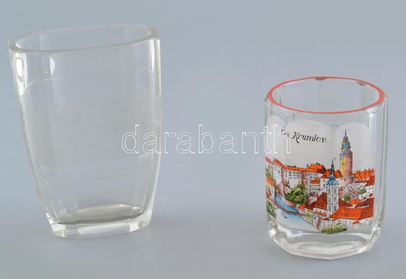2 db emlék pohár: Lucsivna és Krumlov. Kopásokkal. M: 8-10,5cm