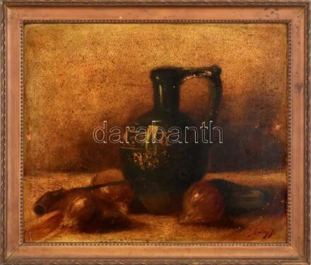 Szalay J jelzéssel, feltehetően 1910-40 körül működött magyar festő: Csendélet. Olaj, karton, sérült. Dekoratív, sérült fakeretben. 28×34 cm