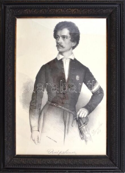 Petőfi Sándor 1848-ban (Barabás Miklós litográfiája után készült modern nyomat). Dekoratív, üvegezett fakeretben, kopott. 47,5x32,2 cm