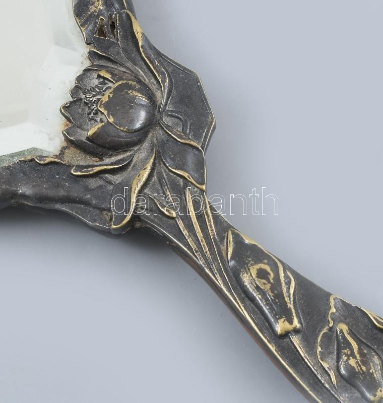 Szecessziós kézi tükör, ezüstözött alpakka borítással, jelzés nélkül, h: 34 cm - Image 2